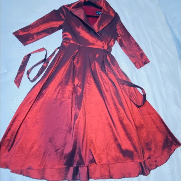 Alex Evenings Metallic Portrait Collar Long Sleeve Dress in Rich Burgundy - Picture 1 of 16